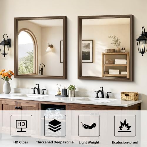 Bathroom Mirror, 30 x 36 inch Walnut Wood Grain Colored Aluminum Metal Frame - Image 3