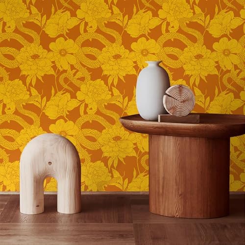 MuralPeel Vintage Brown Yellow Orange Floral Snake Peel and Stick Wallpaper - Image 3