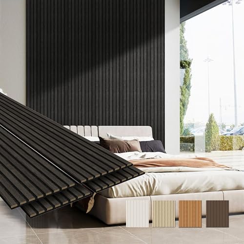 MISSDAY Wood Slat Acoustic Wall Panels, 4 Packs 94.5" x 12.6" Black Soundproof by MISSDAY