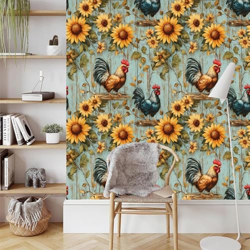 Sunflowers Rooster Peel and Stick Wallpaper 3D Printed Wood Vintage - Image 3