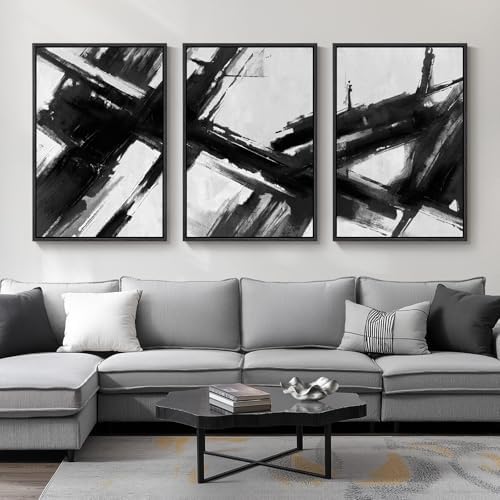 Large Framed Black and White Abstract Canvas Wall Art by Cuspin