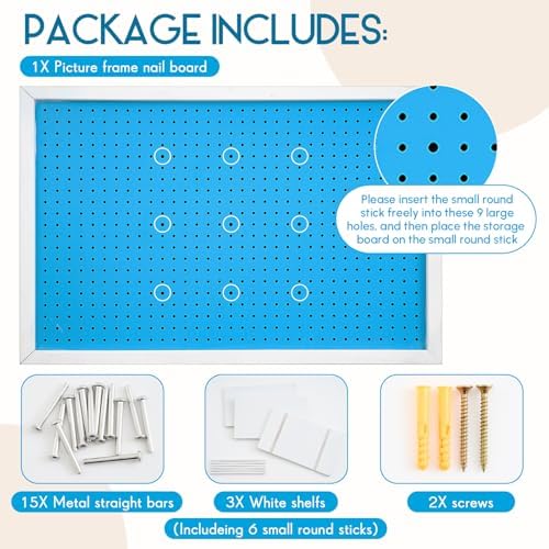 Weysat 36 x 24 Inch Framed Wood Pegboard Wall Organizer, Large Blue Decorative - Image 4