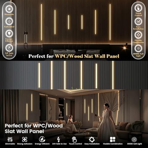 6-Lights LED Recessed Lighting Wall Panel Lights, Self-Adhesive Wood Slat Wall - Image 2