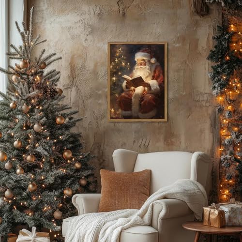 Framed Vintage Christmas Canvas Wall Art, Santa Claus Reading Book Paintings - Image 2