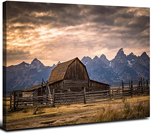 Grand Teton National Park Canvas Wall Art Sunset Moulton Barn Landscape Wall by AREBOLOLLC