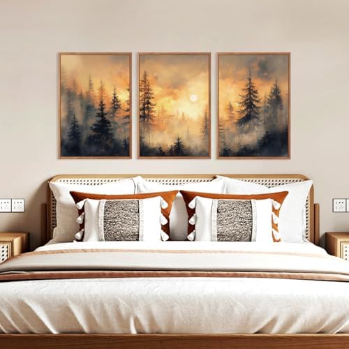 HLNIUC Nature Forest Sunset Framed Canvas Wall Art, Large Landscape Misty - Image 4