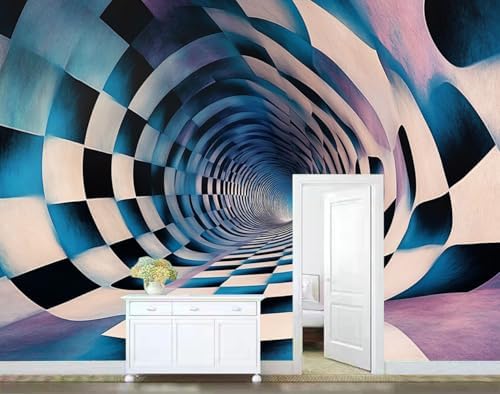 Blue Black White 3D Art Wall Mural Wallpaper Checkered Illusion Tunnel Op Art - Image 4