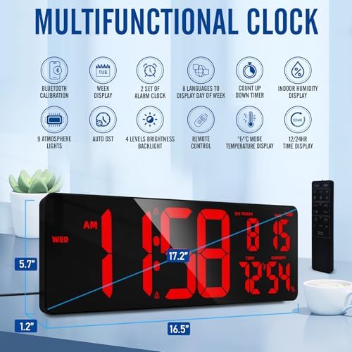 TXL 16.5" Bluetooth Red Large LED Digital Wall Clock, Count Up/Down Timer Clock - Image 3