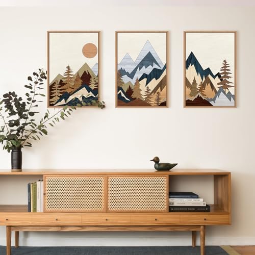 HOURIA Mid Century Woodcut Mountain Woodland Framed Wall Art Set- 16"x24"x3 - Image 3