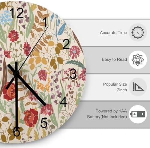 Retro Floral Wood Wall Clock, Vintage Flowers Botanical Garden Plants Herbs - Image 3