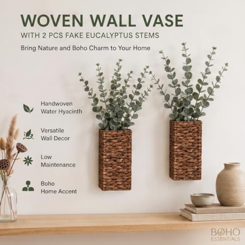 2 Pack Woven Wall Vases with Artificial Eucalyptus, Hanging Wall Planters - Image 4