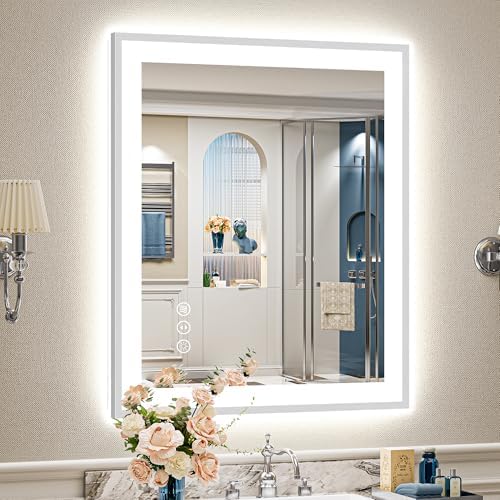 28x36 Inch Brushed Nickel LED Bathroom Mirror, Backlit & Front Lit by Awandee