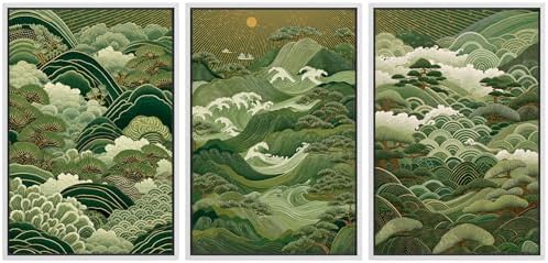 MUDECOR Framed Canvas Print Wall Art Japanese Forest Landscape Green Waves and by MUDECOR