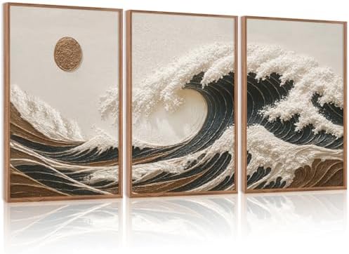 HLNIUC Great Wave Sunset Framed Canvas Wall Art, Abstract Sun Seascape Art by HLNIUC