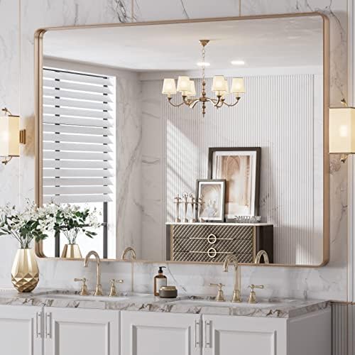 LOAAO 48”X36” Gold Bathroom Mirror, Rounded Rectangle Gold Frame Mirror by LOAAO
