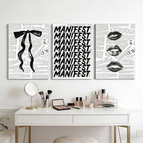 3Pcs Trendy Black and White Preppy Canvas Wall Art Retro Kiss Lips Bow and - Image 6