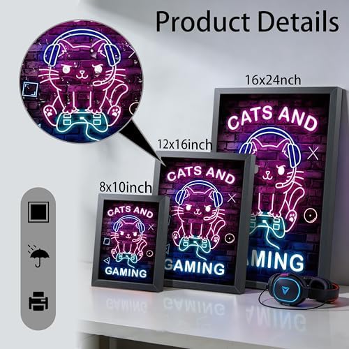 Funny Cat Gaming Wall Art, Neon Gamer Canvas Print Framed, Cute Cartoon Cat - Image 4