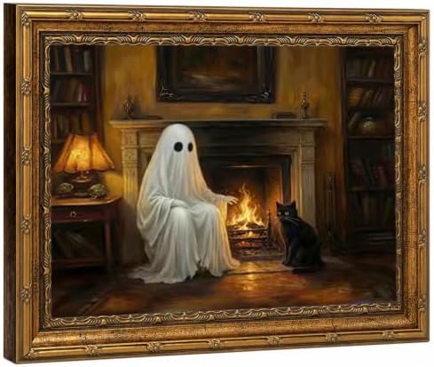 Vintage Gold Framed Ghosts and Black Cat Halloween Wall Art 9x11Inch by QWETYY666WallArt