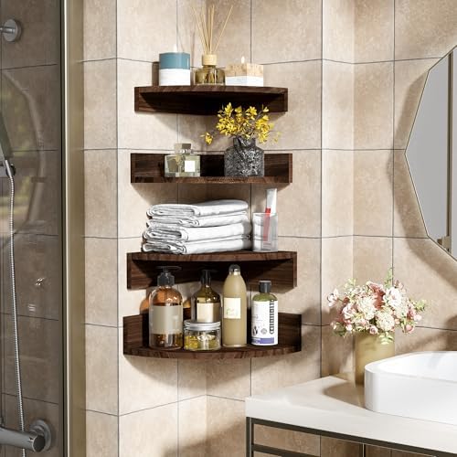 Alsonerbay Wood Corner Floating Shelves Wall Mount 4-Pack, Dark Brown - Image 4