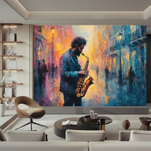 Colorful Wallpaper Mural for Home OfficeSaxophonist in Street Oil Painting - Image 2