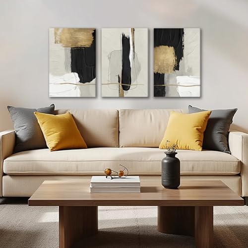 DUWQU Abstract Brushstrokes Canvas Wall Art Black White Gold 16x24 inch x3 - Image 3