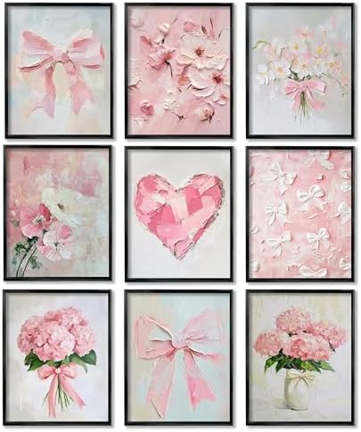 Pink Bow Wall Art Set of 9, Floral Preppy Prints 8x10 Inch Unframed by Unknown