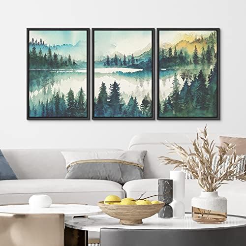MUDECOR Framed Canvas Print Wall Art Set Watercolor Teal Emerald Green Mountain - Image 4
