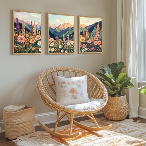 Hianan Wood Framed Boho Moutain Wildflower Wall Art Set of 3, 12x16 in - Image 4