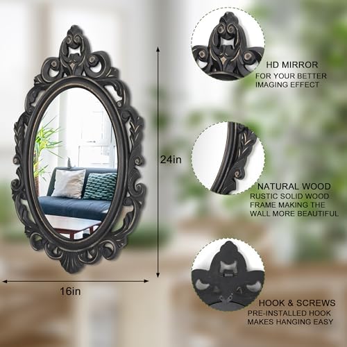 Black Oval Wooden Frame Vintage Wall Mirror Hanging Mirror - Image 2