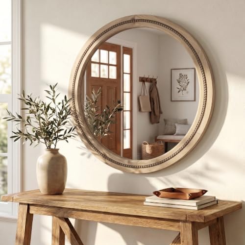 Solid Wood 30 Inch Round Beaded Vanity Wall Mirror, Natural Wood - Image 2