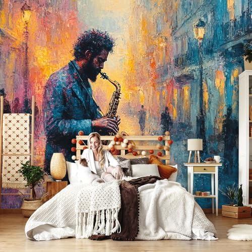 Colorful Wallpaper Mural for Home OfficeSaxophonist in Street Oil Painting - Image 3