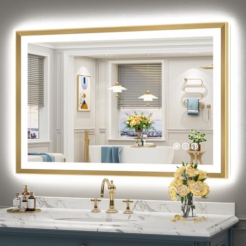 48x32 Gold Beveled LED Lighted Bathroom Mirror, Backlit & Front Lit by Awandee