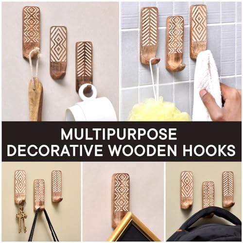 Indian Shelf 3 Boho Wood Adhesive Wall Hooks Peel Stick - Image 6