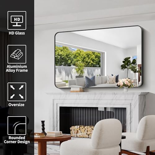 Bathroom Mirror, 55 x 36 inch Black Rectangle Wall Mirror, Metal Frame Rounded - Image 4