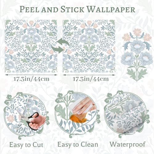 PeonyQueen Floral Peel and Stick Wallpaper 17.3"x78.8" Boho Contact Paper - Image 3