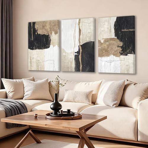 AVECCO Triptych Abstract Black Beige Gold Wrapped Canvas Wall Art 20x30 in - Image 5