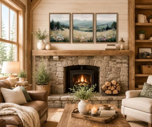 Minimalist Mountain Triptych Wall Art Set of 3, Foggy Wildflower Canvas - Image 4