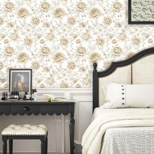 ILHIIOR Beige/White Floral Peel and Stick Wallpaper Boho 17.5 x393 Inches - Image 4