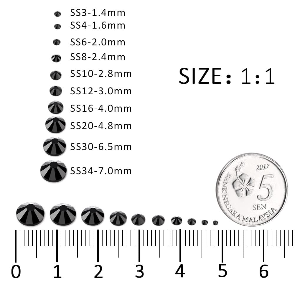 288Pcs Black Crystal Rhinestones,Glass Flatback Rhinestones Gemstones for Nail Face Makeup Art Crafts Clothes Decoration -(SS34,7.0mm,Black)