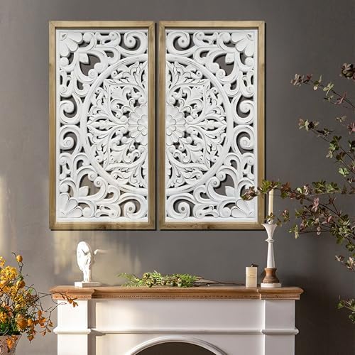 XIAOAIKA Rustic Wood Frame Wall Art Set of 2, Floral Scroll Carved Panels - Image 5