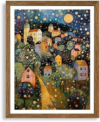 AVECCO Gustav Klimt Style Village Night Wall Art Framed Canvas 8x10 Inch by Unknown