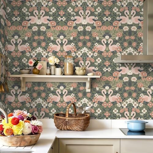 Heroad Vintage Peel and Stick Wallpaper 17.3''X 385'' Floral Flamingo Contact - Image 2