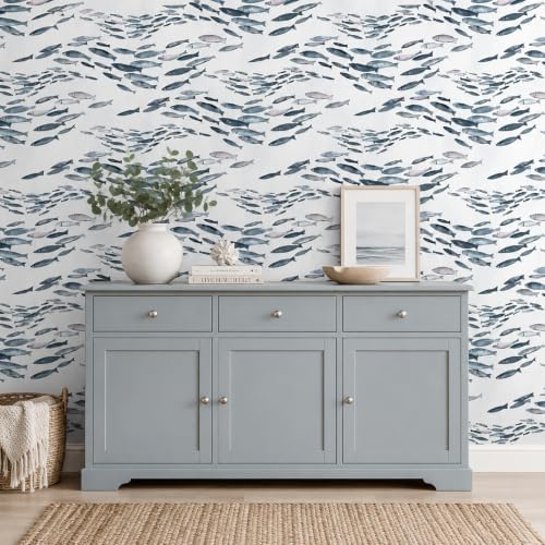 GreenTik Peel and Stick Wallpaper, Watercolor Fish Pattern Aqua Grey Removable - Image 5