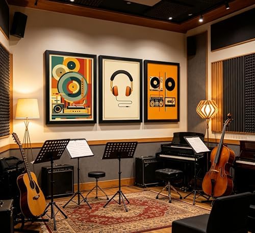 3Pcs Vintage Music Canvas Wall Art MidCentury Modern Vinyl Turntable Painting - Image 2