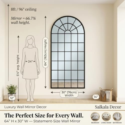 64x30Inch Large Arched Window Pane Mirror| Black Arched Mirrors - Image 2