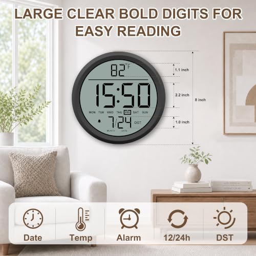 8" Round Digital Wall Clock Battery-Operated, Large Display Clock - Image 2
