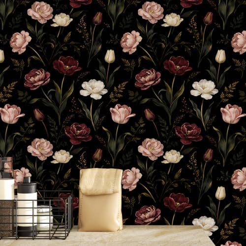 ILHIIOR Dark/Pink Floral Peel and Stick Wallpaper 17.5 x 118 Inches - Image 3