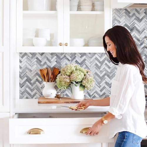 STICKGOO Herringbone Peel and Stick Backsplash, 10 Sheets Marble Grey Look - Image 4