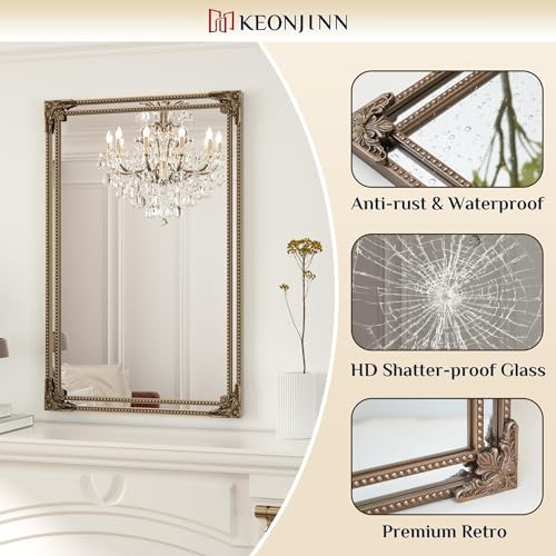 Keonjinn 40x30 Inch Gold Antique Vintage Mirror, Brass Baroque Mirror - Image 5