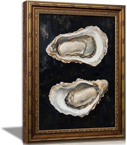 Vintage Gold Framed Oyster Wall Art Dark Moody Seafood Shell Shel Painting by VintageGoldFramedwallart